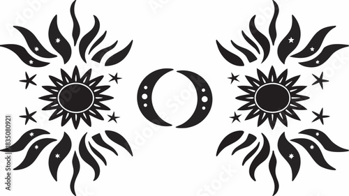 A celestial arrangement featuring suns with flames, stars and crescent moons in a symmetrical design