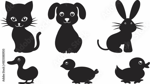 Black silhouette of cat dog rabbit and ducklings in a cartoon style animal vector illustration