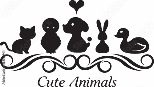 Silhouette of cat owl dog rabbit and duck with heart shape above on decorative flourish with text below