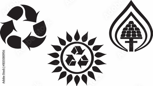 Three black and white symbols representing recycling, solar energy, and renewable resources shown here