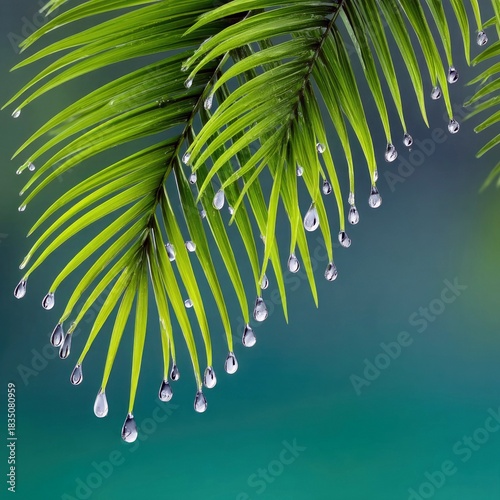 Palm Fronds Dripping Water Against Teal Background