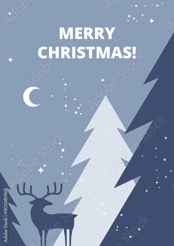 
Vector illustration of a snowy winter nighttime forest scene with a deer and a crescent moon with the text of 'Merry Christmas'
