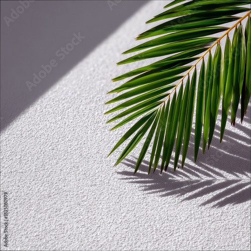 Palm Leaf Casting Shadow on Textured White Surface