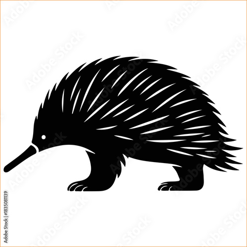 Silhouette of an echidna walking with its distinctive spines and long snout out VECTOR