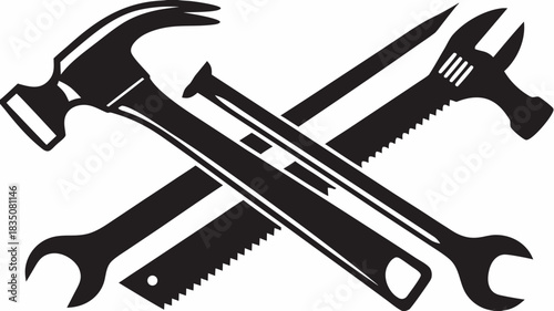 Crossed tools featuring a hammer wrench saw and nail in a black and white graphic design style