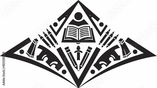 Stylized education emblem with book person and writing implements in symmetrical black and white design