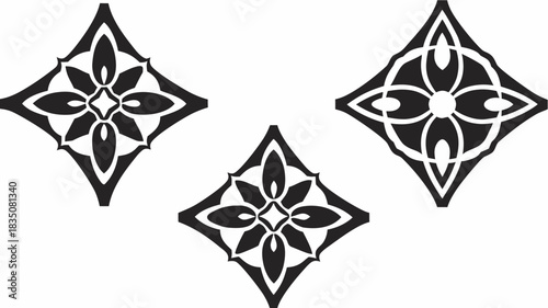 Three diamond shaped floral designs with symmetrical patterns in black and white color scheme