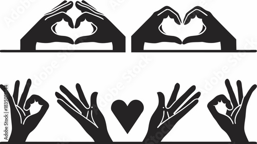 Black hands forming hearts and ok signs in a horizontal arrangement on a white background image design
