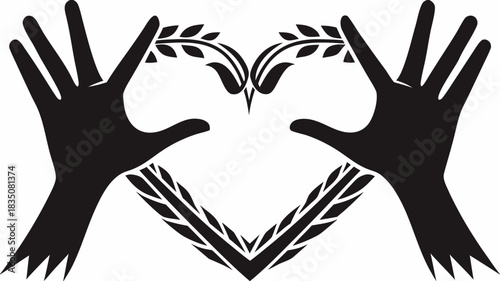 Hands forming a heart shape with leafy branches on top and bottom in a black and white design