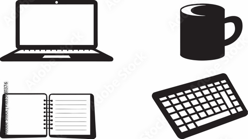 Black and white illustration of a laptop, mug, notebook and keyboard on a white background