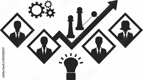 Business strategy with team members, gear, chess pieces, lightbulb and upward trending arrow
