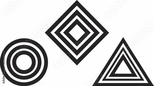 Geometric shapes in black and white featuring a circle diamond and triangle with nested outlines design