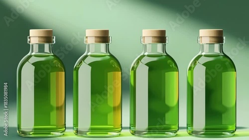 Glass bottles filled with green liquid arranged in a row, showcasing modern product packaging, natural ingredients, botanical extracts, eco-friendly concepts, and clean commercial aesthetics.