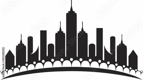Silhouette of a city skyline with various buildings and a bridge in black and white vector art