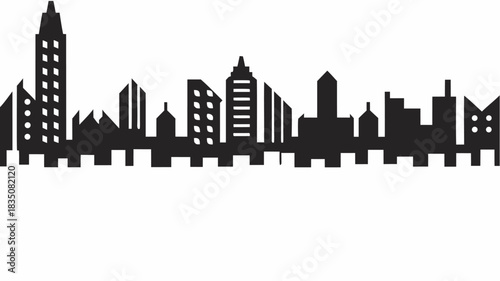 Illustration of a black skyline silhouette with various buildings and skyscrapers on white background