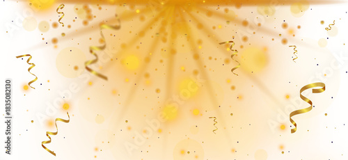 Golden confetti background with soft sparkle glow and falling ribbon elements on transparent background