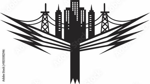 Silhouette of city skyline with power lines and abstract lightning bolt design element in black and white