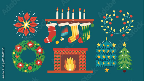 Illustration of christmas decorations including wreaths, stockings, fireplace, and christmas trees on teal