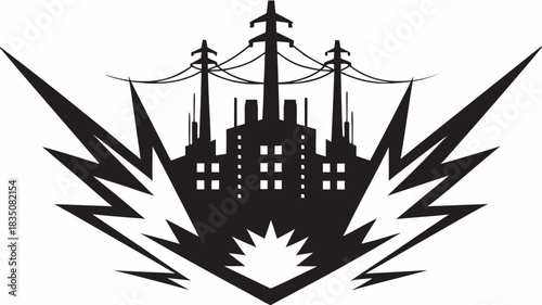 Silhouette of a factory with power lines and lightning bolts in a black and white design style image
