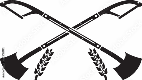 Crossed axes with wheat stalks in black and white heraldic design symmetrical composition style image