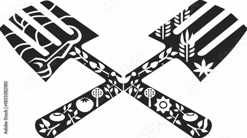 Two crossed garden forks adorned with floral and vegetable designs in a black and white illustration