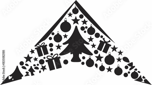 Christmas tree silhouette formed with gifts ornaments and stars in a triangular shape design vector