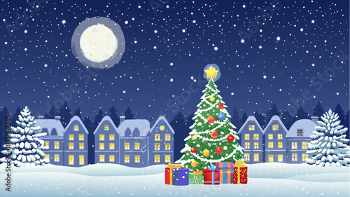 Christmas night scene with a christmas tree presents houses moon and snow covered ground under a starry sky