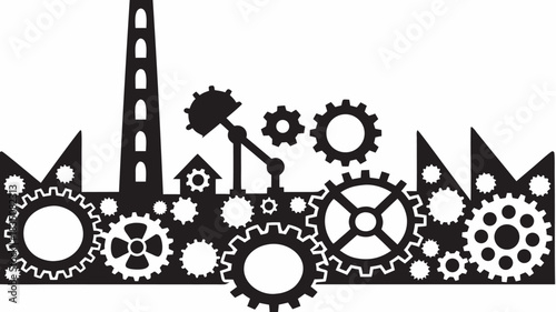 Black and white illustration of a factory with gears and a mechanical arm in silhouette style