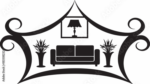 Black and white living room interior design with sofa, plants, lamp and decorative frame element