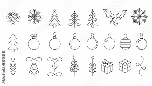 Outline Vector Icons for Christmas and Winter Holidays Featuring Festive Trees, Decorative Ornaments, Snowflakes, and Gift Boxes for Design Projects