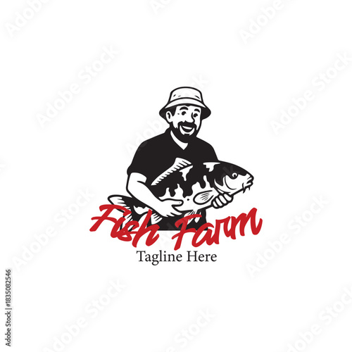 Fish Farm Logo with Fisherman Holding Fish