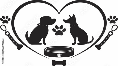 Two dogs with a heart shaped border including a bowl, bone, paw prints and leashes design