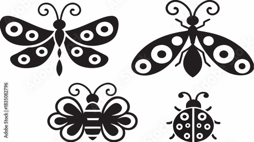 Silhouette of four insects including a dragonfly, a bee, a ladybug and another insect design