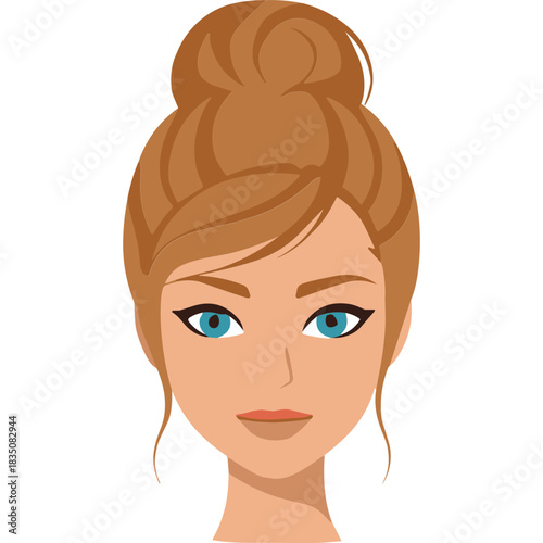 Portrait of a woman with a high bun hairstyle and blue eyes against a black background emphasizing her facial features and blonde hair color