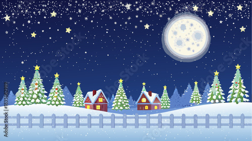 Winter night scene with snow covered houses christmas trees and a bright moon under a starry sky view