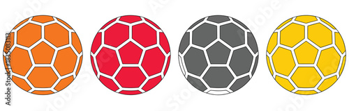 Group of coloured handball sport icons, vector illustration featuring various handball poses and equipment, perfect for sports design, athletic apps, team graphics, event posters, educational material