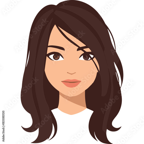 Portrait of a Woman with Long Wavy Brown Hair and Brown Eyes Wearing a Black Top Against a Black Background with Subtle Shadows Suggesting a Neckline