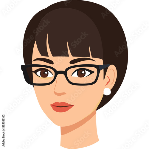 Portrait Of A Woman With Short Brown Hair And Glasses Wearing A Black Earring With A Peach Complexion And Red Lips Against A Black Background