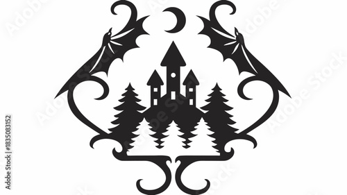 Silhouette of a spooky castle surrounded by trees and bats under a crescent moon in black and white