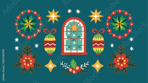 Festive christmas decorations with window, wreaths, stars, ornaments, and floral elements on teal background