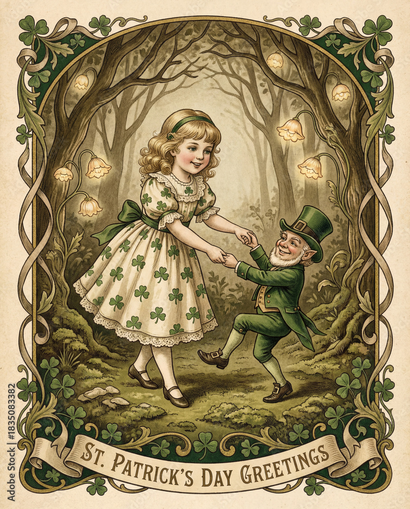 Fototapeta premium Vintage St. Patrick's Day greeting card. A little girl in a shamrock dress dances with a leprechaun in an enchanted forest. Retro fairytale illustration.