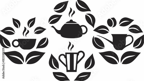 Elegant tea time arrangement featuring a teapot, cups, and mugs surrounded by stylized tea leaves design