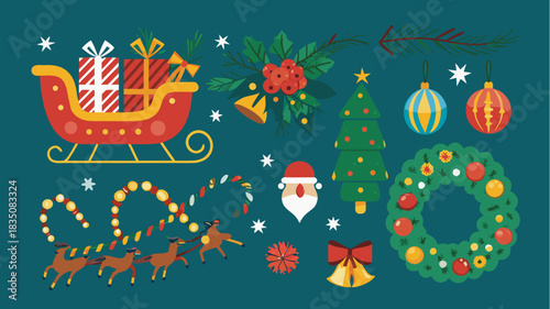 Festive christmas illustration with santa sleigh reindeer tree and ornaments on a teal background