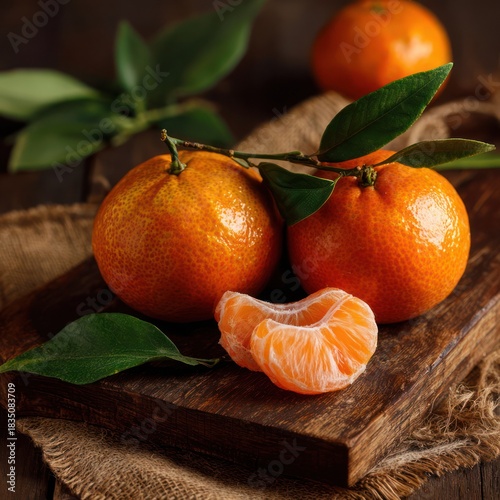 Fresh Orange Tangerines with Green Leaves on Rustic Wood