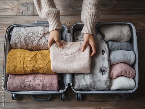 Hands Folding Clothes into Suitcase for Travel Packing Organization