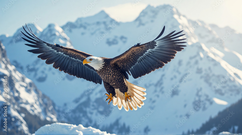 Obraz premium Snowy Mountain Eagle in Dynamic Mid-Air Hunt Stance