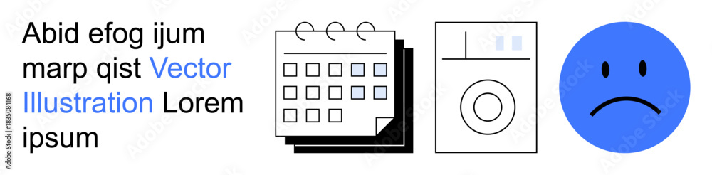 Fototapeta premium Time management, household chores, organization, productivity, emotion, placeholders. A calendar, washing machine and sad face are with placeholder text. Time management and household chores