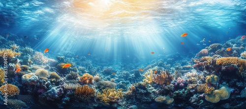 Fototapeta Naklejka Na Ścianę i Meble -  Vibrant underwater coral reef teeming with tropical fish and sunbeams piercing clear blue ocean water
