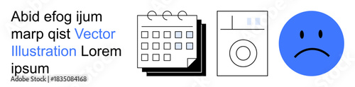 Time management, household chores, organization, productivity, emotion, placeholders. A calendar, washing machine and sad face are with placeholder text. Time management and household chores