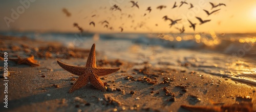 Seaside Starfish on Golden Sandy Beach with Flying Birds at Sunset